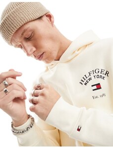 Tommy Hilfiger - Felpa con cappuccio stile college, color panna-Bianco