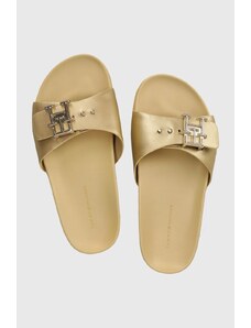 Tommy Hilfiger infradito in pelle TH HARDWARE GOLD FLAT SANDAL donna colore oro FW0FW07947