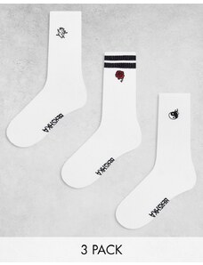 Bershka - Confezione da 3 paia di calzini ricamati bianchi-Bianco