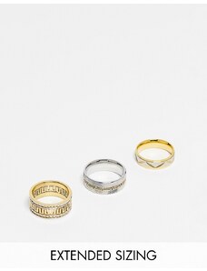 ASOS DESIGN - Confezione da 3 anelli a fascia in acciaio inossidabile resistente all'acqua dorati e argentati con incisioni-Multicolore