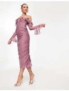 ASOS DESIGN - Vestito midi arricciato malva con corsetto e scollo Bardot-Viola