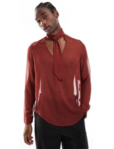 ASOS DESIGN - Camicia vestibilità comoda con allacciatura al collo e scollo profondo a V color ruggine-Marrone