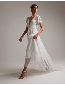 ASOS DESIGN - Frankie - Vestito da sposa con maniche ad aletta in rete con perline e scollo profondo-Bianco