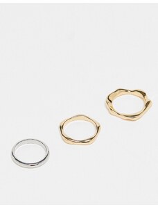ASOS DESIGN - Confezione da 3 anelli con design effetto fuso in metalli misti-Multicolore