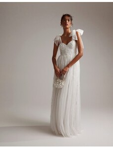 ASOS DESIGN - Mila - Vestito da sposa color avorio in rete decorato a fiori con spalline annodate-Bianco