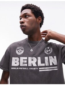 Topman - T-shirt oversize nero slavato con stampa "Berlin"-Grigio