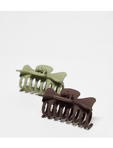 DesignB London - Confezione da due fermagli per capelli marrone e kaki-Multicolore