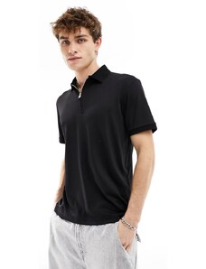 Selected Homme - Camicia nera con colletto stile polo e zip corta-Nero