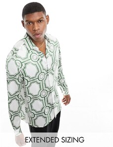 ASOS DESIGN - Camicia comoda in raso con stampa geometrica-Verde