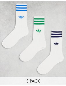 adidas Originals - Confezione da 3 paia di calzini medi bianchi con righe blu e verdi-Multicolore