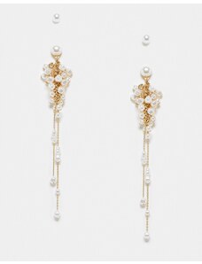 ASOS DESIGN - Confezione da 2 paia di orecchini pendenti e a bottone dorati con perle sintetiche a cascata-Oro