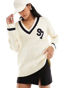 ASOS DESIGN - Maglione color panna oversize stile college con scollo a V-Bianco