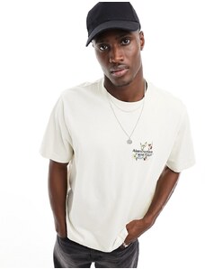 Abercrombie & Fitch - T-shirt bianco sporco con logo e fiori ricamati