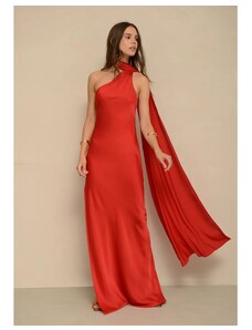 Guglielmo Bonini - ODETTE Maxi abito monospalla in raso con dettaglio mantella, Colore Rosso, Taglia Internazionale Donna S