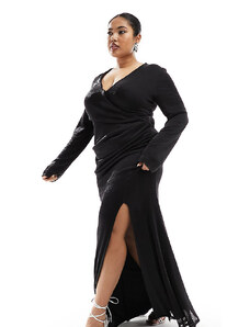 ASOS Curve ASOS DESIGN Curve - Vestito lungo nero in maglia metallizzata trasparente con scollo profondo e maniche a pipistrello-Rame