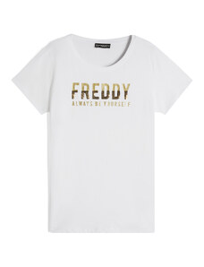 Freddy T-shirt donna in cotone pima con grafica oro e paillettes