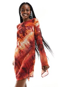 ASOS DESIGN - Vestito corto a maniche lunghe in chiffon rosso con stampa effetto marmo-Multicolore