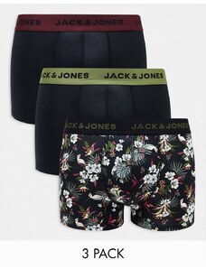 Jack & Jones - Confezione da 3 paia di boxer aderenti neri e neri a fiori-Nero