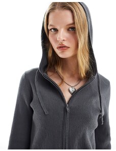 Monki - Cardigan in maglia grigio scuro mélange con zip e cappuccio
