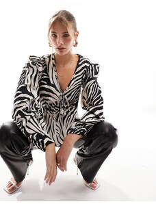 New Look - Blusa a maniche lunghe con volant e stampa zebrata-Nero
