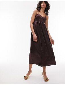 Topshop - Vestito midi in raso color cioccolato con bustino stile corsetto-Brown