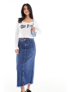 Vero Moda Petite - Gonna lunga di jeans blu scuro con spacco sul davanti e tasche laterali