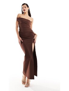 Vesper - Vestito lungo monospalla color cioccolato con spacco sulla coscia-Marrone