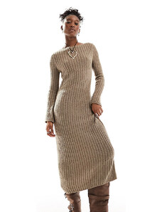 COLLUSION - Vestito lungo in maglia color pietra testurizzato a coste con scollo a barchetta-Neutro