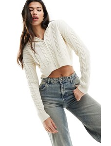 Missyempire - Top in maglia color crema a trecce con chiusura con zip e cappuccio-Bianco