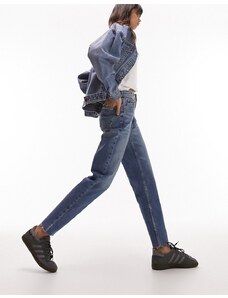 Topshop - Jeans dritti corti a vita medio alta con bordi grezzi, colore blu medio