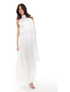 Y.A.S - Vestito da sposa lungo in raso bianco con foulard drappeggiato allacciato al collo