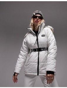 Topshop - Sno - Cappotto da sci écru con cintura e cappuccio con finiture in pelliccia sintetica-Bianco