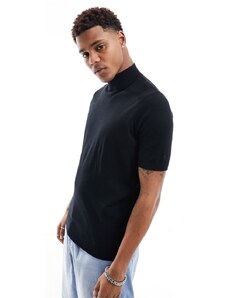 ASOS DESIGN - T-shirt dolcevita nera in maglia leggera di cotone-Nero