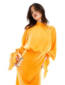 ASOS DESIGN - Vestito lungo in raso arancione accollato con maniche a palloncino