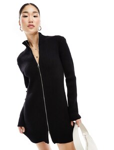 Weekday - Laila - Vestito corto accollato in maglia nera a coste con zip bidirezionale-Nero
