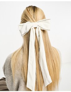 My Accessories London - Fermaglio per capelli a forma di fiocco lungo bianco in velluto con strass