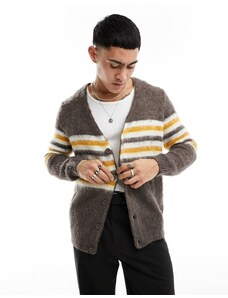 ASOS DESIGN - Cardigan comodo in maglia testurizzata soffice marrone con righe gialle e bianche