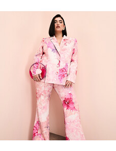 ASOS LUXE Curve - Pantaloni da abito rosa con stampa floreale in coordinato-Multicolore
