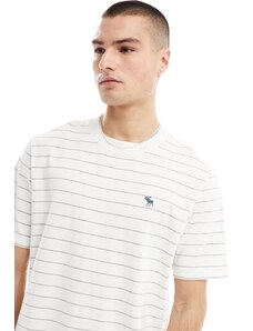 Abercrombie & Fitch - T-shirt pesante crema a righe con logo icona-Bianco