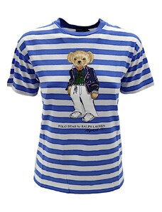 Ralph Lauren T-shirt rigata orso donna azzurra e bianca