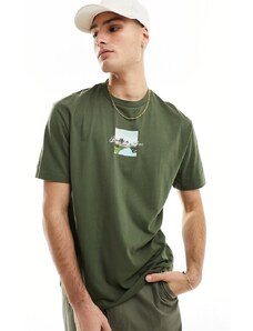 ASOS DESIGN - T-shirt comoda kaki con stampa di paesaggio sul petto-Nero