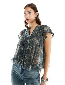 Free People - Blusa a punto smock verde intenso in voile con stampa a fiori
