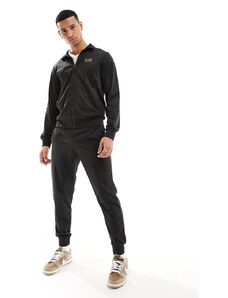 Armani - EA7 - Tuta sportiva nera con giacca in tricot e zip e joggers con logo piccolo-Nero