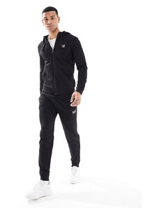 Armani - EA7 - Tuta sportiva nera con joggers e felpa con cappuccio con zip e logo-Nero