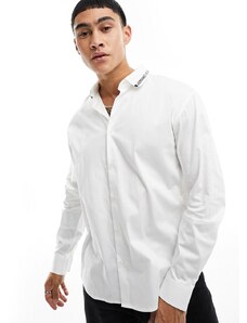 Armani Exchange - Camicia in maglia in popeline di cotone bianco sporco con colletto con logo a contrasto