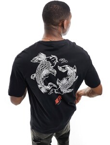 Selected Homme - T-shirt oversize nera con stampa di carpe koi sul retro-Nero