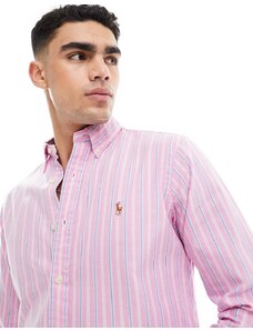 Polo Ralph Lauren - Camicia Oxford leggera verde a righe rosa e blu con logo a icona