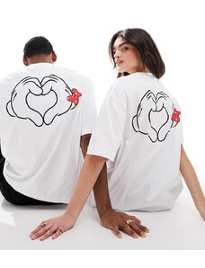 ASOS DESIGN - Disney - T-shirt unisex oversize bianca con stampa di Topolino e Minnie e di mani-Bianco