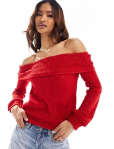 ASOS DESIGN - Top rosso in maglia extra largo con scollo alla Bardot con risvolto