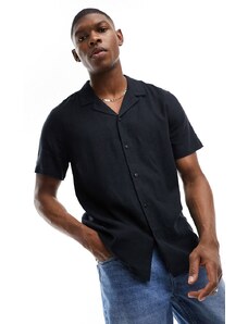 New Look - Camicia a maniche corte nera in misto lino-Nero